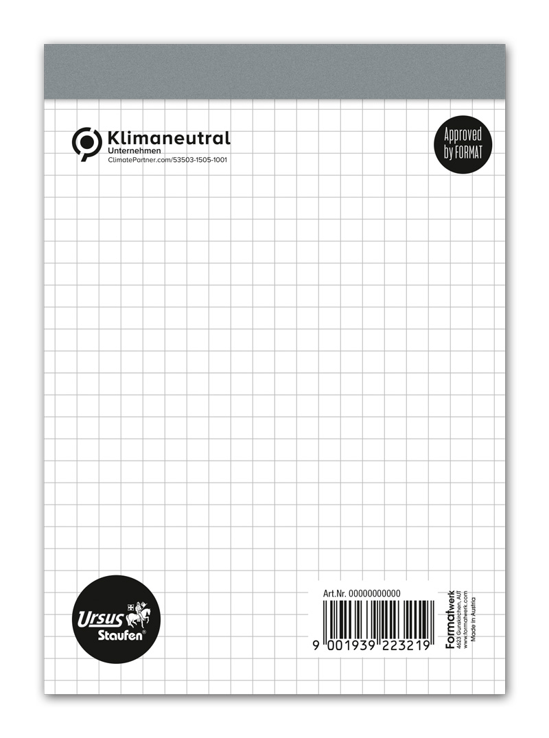 Notizblock mit kariertem Papier. Oben grauer Rand und Logo.