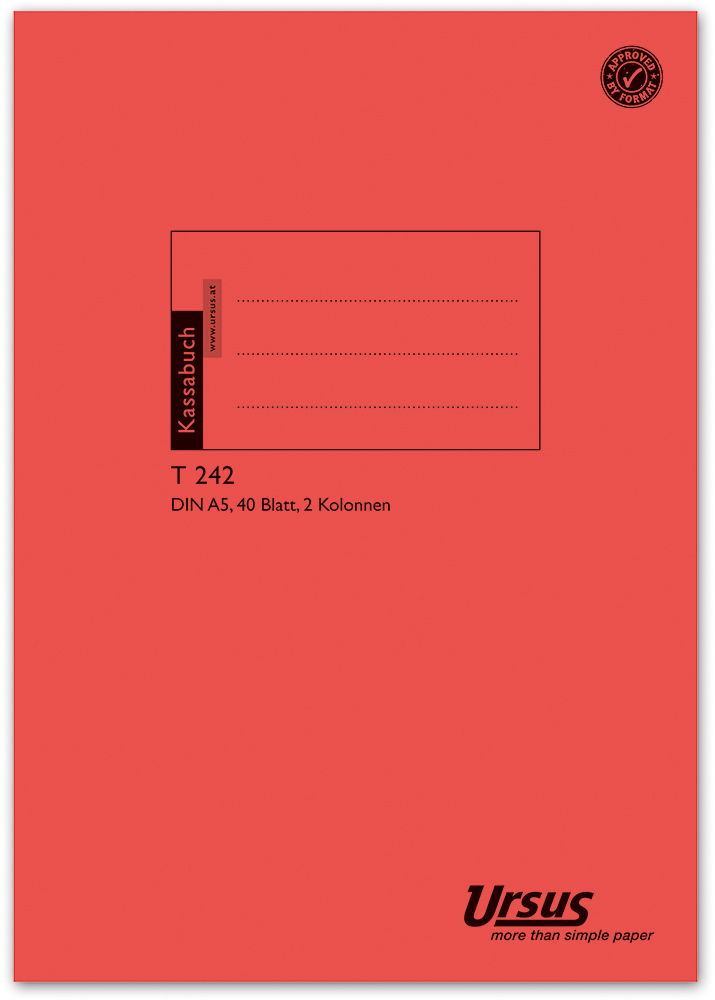 Rotes Kassabuch mit schwarzem Aufdruck. DIN A5, 40 Blatt, 2 Spalten.