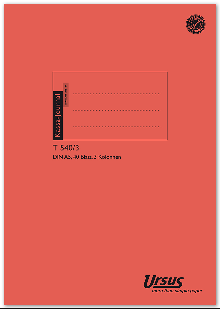 Rotes Kassenjournal im DIN A5 Format. 40 Blätter mit 3 Spalten.