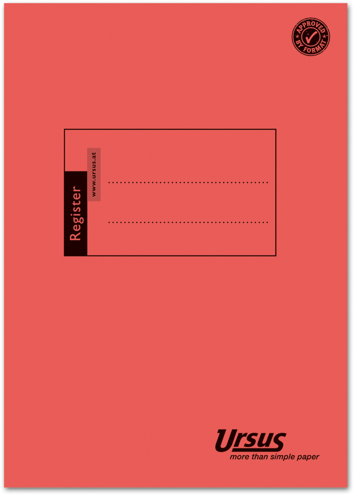 Rotes Registerheft mit schwarzem Aufdruck. Platz für Eintragungen oben.