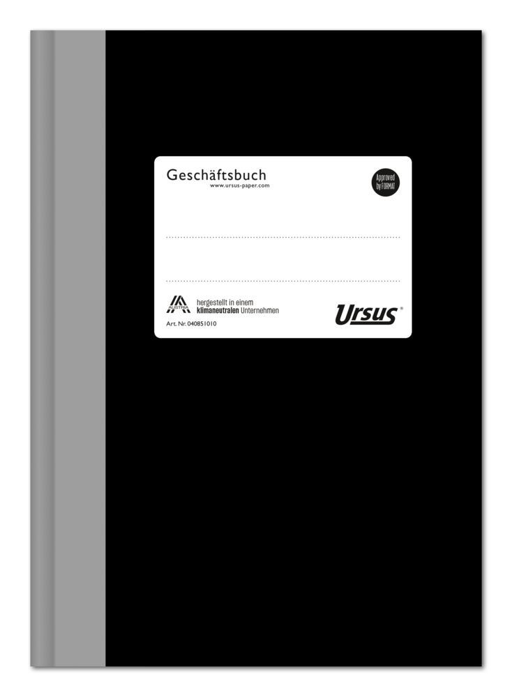 Schwarzes Geschäftsbuch mit grauem Rücken. Auf dem Cover steht 'Geschäftsbuch' und die Marke 'Ursus'.