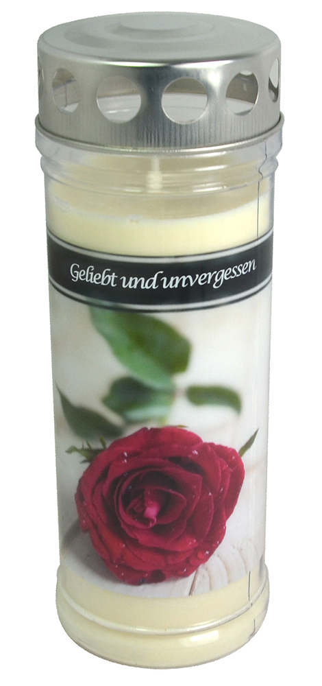 Kerze in einem transparenten Behälter mit einem Bild einer roten Rose. Beschriftung: 'Geliebt und unvergessen'.