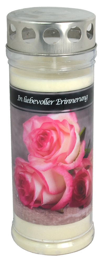 Kerze in einem transparenten Behälter mit silbernem Deckel. Auf der Vorderseite sind rosa Rosen und der Text 'In liebevoller Erinnerung' zu sehen.