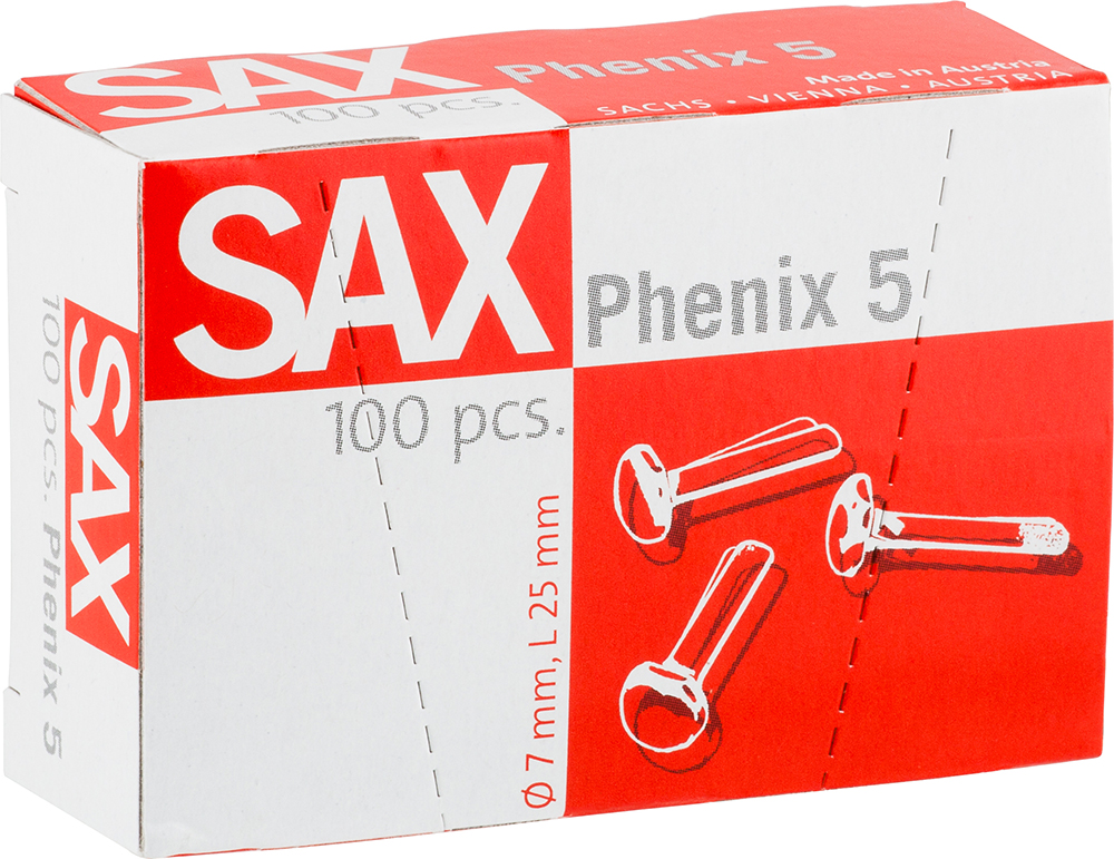 Weiße Verpackung mit rotem Aufdruck. Enthält 100 Stück von Phenix 5, einer Art von Befestigungselementen.