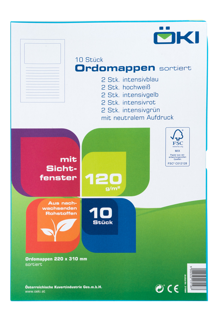 Packung mit 10 Ordnern in verschiedenen Farben. Enthält Sichtfenster und ist aus nachwachsenden Rohstoffen.
