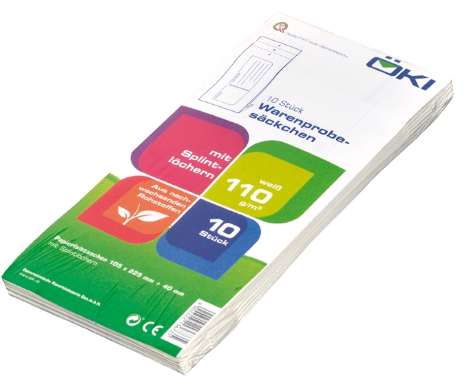 Packung mit 10 weißen Warenprobenbeuteln. Beutel sind aus Recyclingmaterial und haben Splintlöcher.