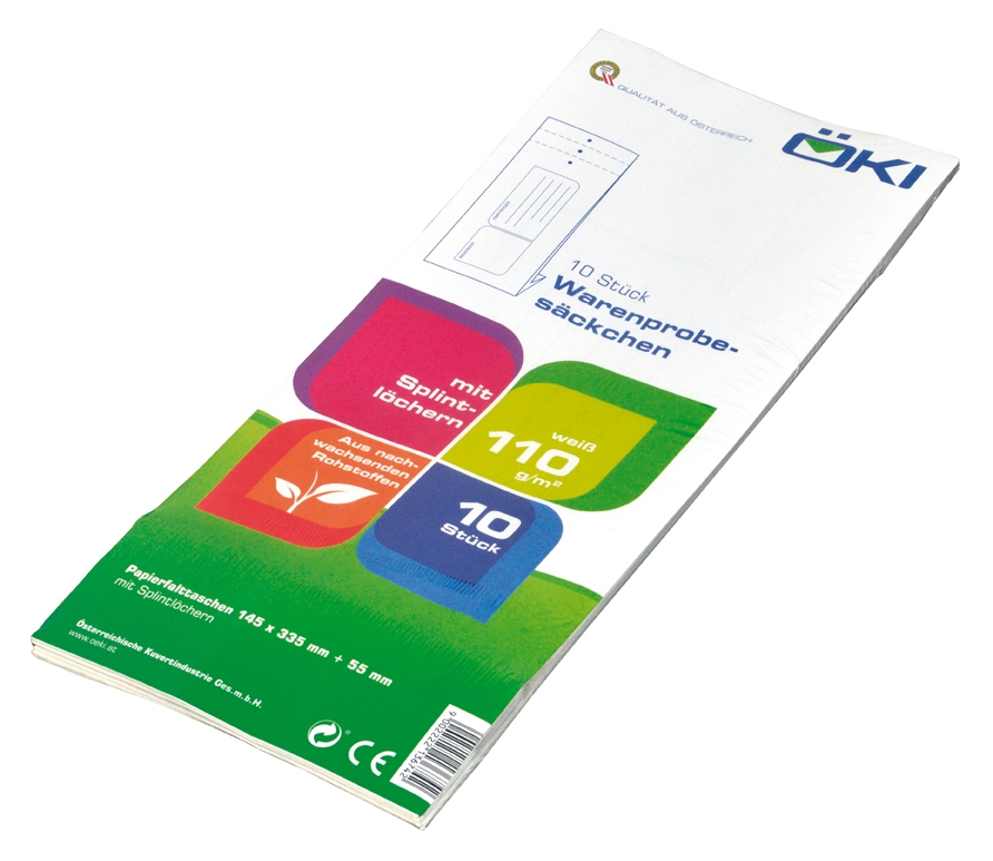 Packung mit 10 weißen Warenproben-Säckchen. Material ist 110 g/m² und hat Splinthöcher.