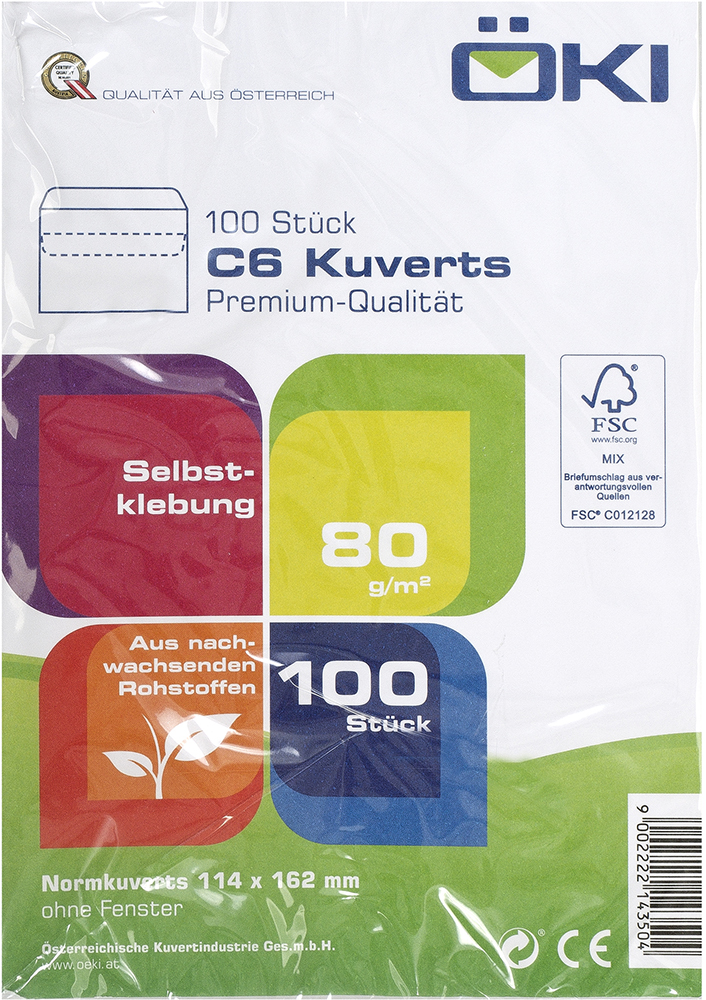 ÖKI Kuvert C6 ohne Fenster 100 Stück selbstklebend weiß