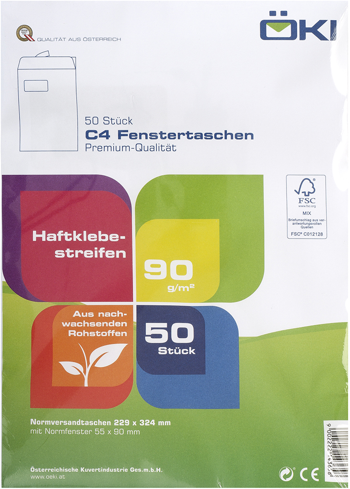 Packung mit 50 C4 Fenstertaschen. Premium-Qualität, haftklebe Streifen, aus nachwachsenden Rohstoffen.
