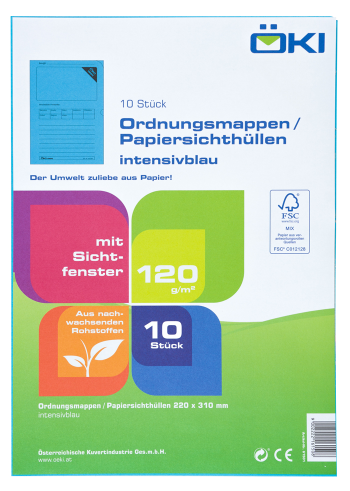 Papiersichtmappen in intensivblau. 10 Stück, mit Sichtfenster und aus Papier.