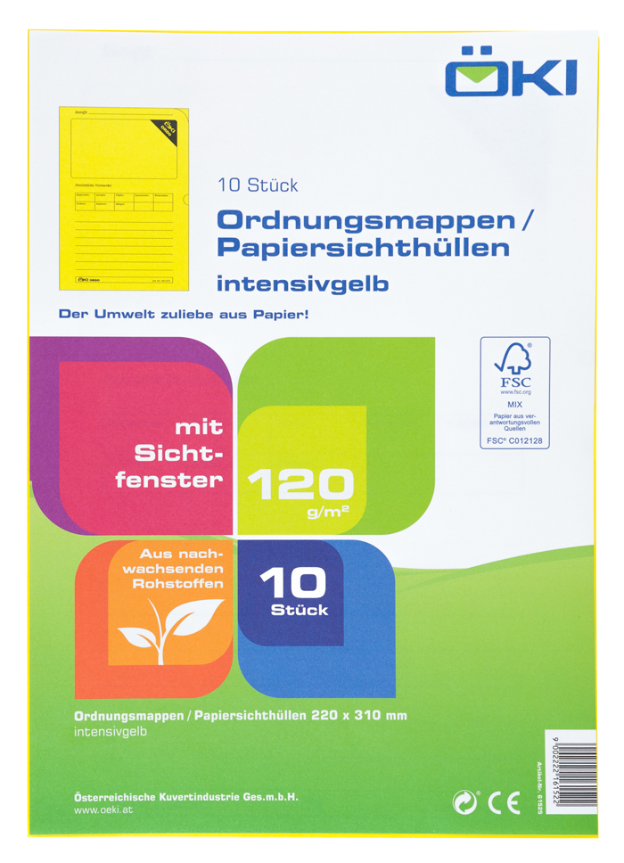Gelbe Ordner mit Sichtfenster. Enthält 10 Stück aus Papier.