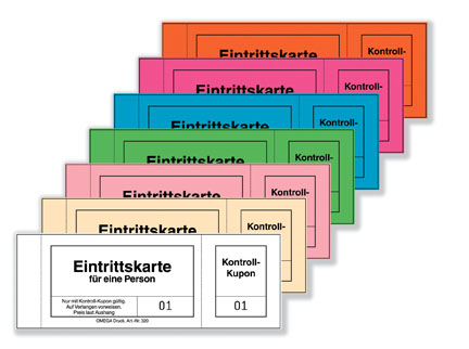 Mehrere Eintrittskarten in verschiedenen Farben. Jede Karte hat den Aufdruck 'Eintrittskarte für eine Person'.