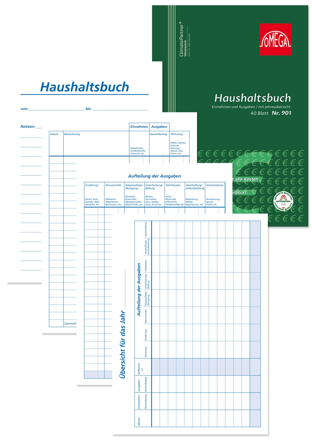 Haushaltsbuch mit blauer Schrift. Enthält Seiten für Einnahmen, Ausgaben und Jahresübersicht.