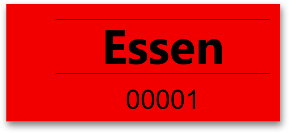 Rote Karte mit schwarzem Text. Beschriftung: Essen, Nummer 00001.