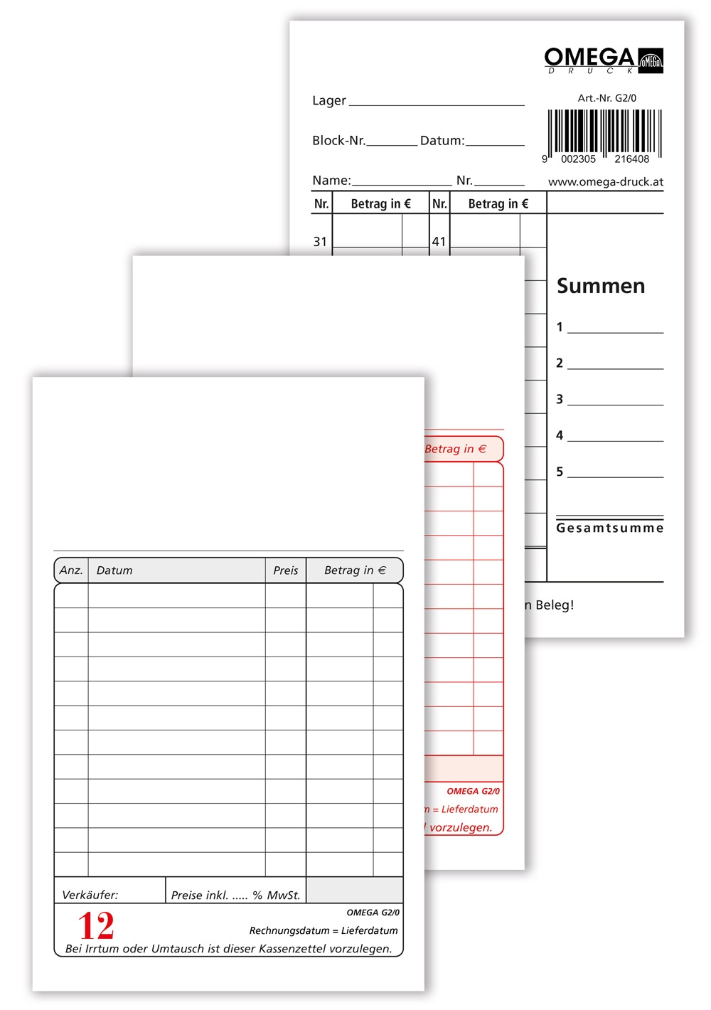 OMEGA DRUCK Kassablock 10 x 15 cm 2 x 50 Blatt