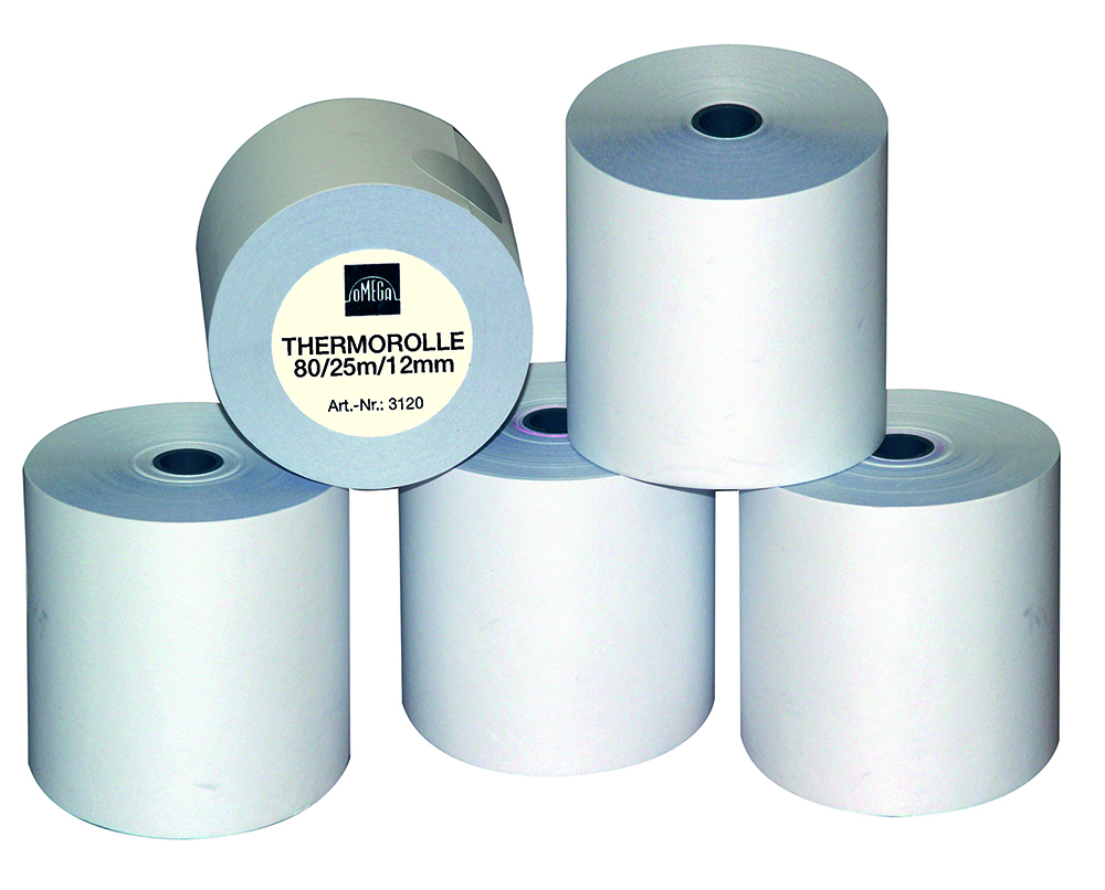 Vier Rollen Thermopapier in weiß. Jede Rolle hat einen zentralen Loch.