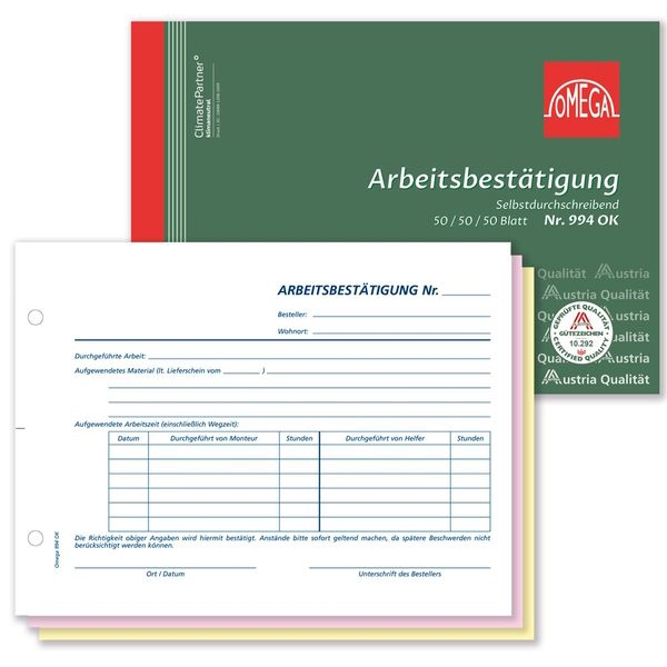 OMEGA Arbeitsbestätigung, A5 quer, 3 x 50 Blatt 