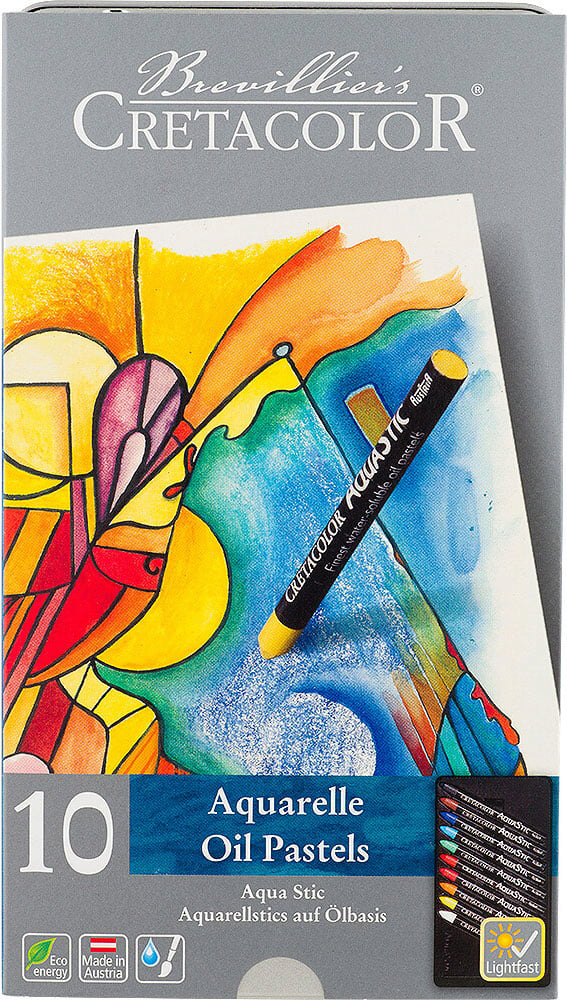 Packung mit 10 Aquarell-Ölpastellen. Bunte Zeichnung auf der Vorderseite. Schwarz-weiße Stifte sichtbar. Hinweis auf umweltfreundliche Herstellung.