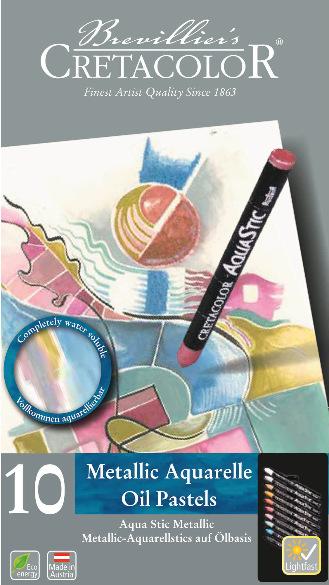 Verpackung für metallic Aquarellölpastelle. Zeigt einen bunten, abstrakten Hintergrund mit einem Pastellstift.