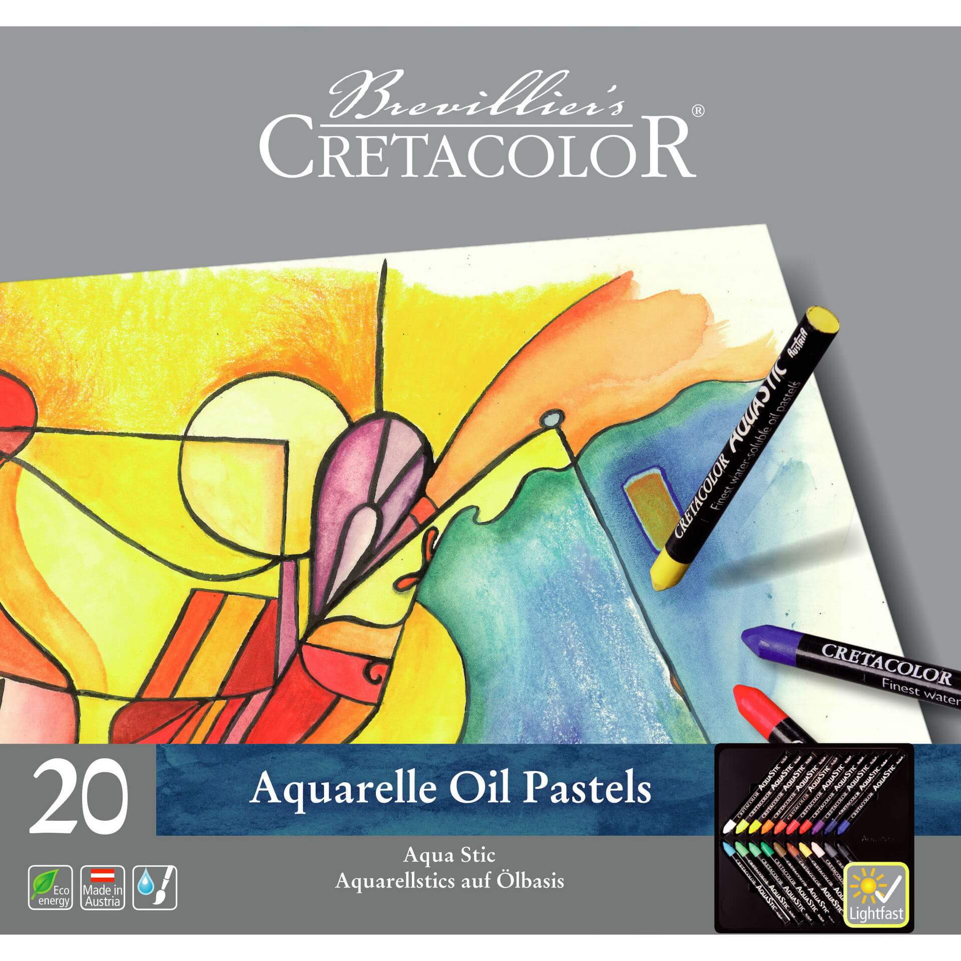 Packung mit 20 Aquarell-Ölpastellen. Bunte Zeichnung auf der Vorderseite.