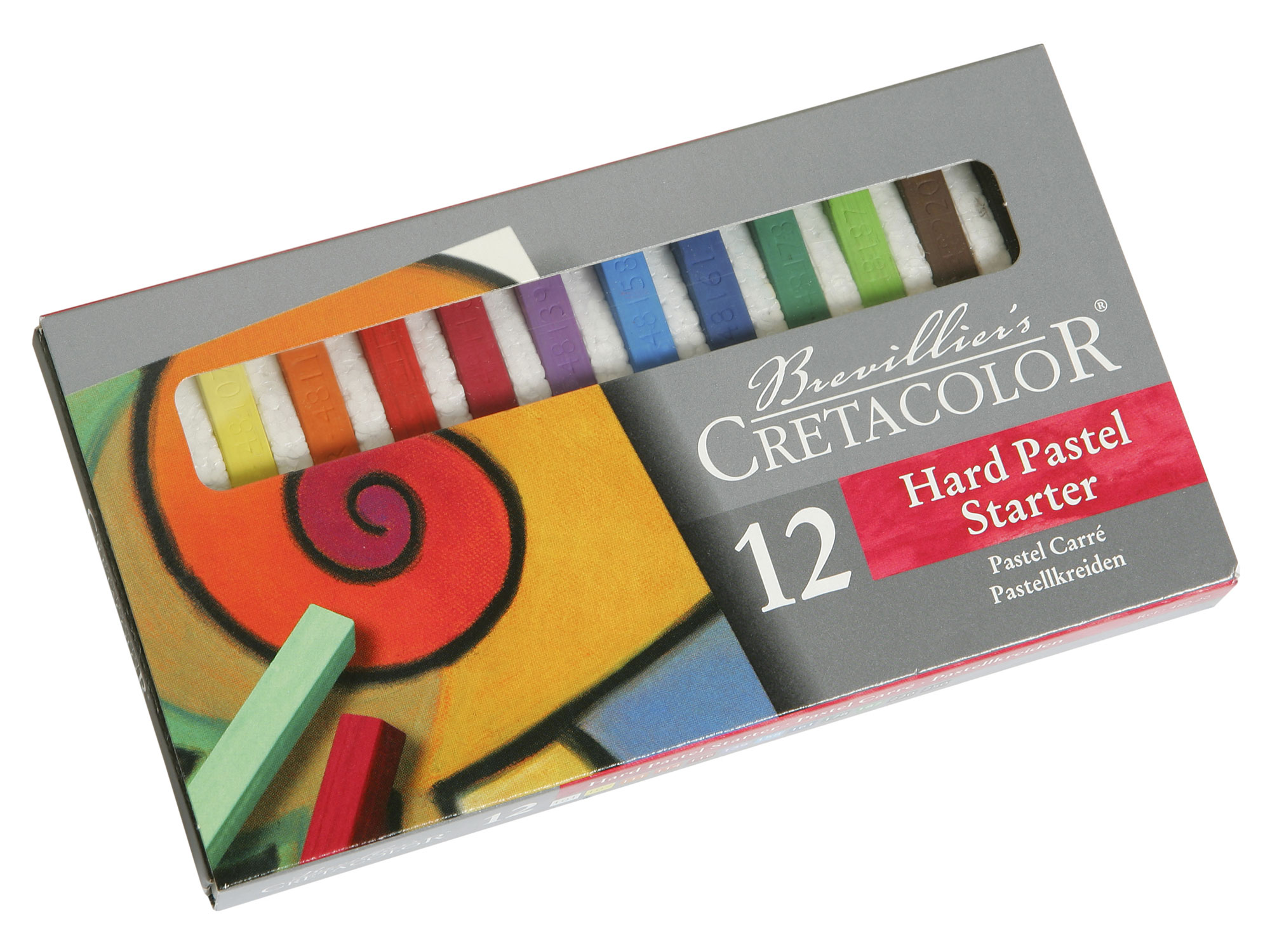 Set mit 12 harten Pastellkreiden in verschiedenen Farben. Verpackung zeigt ein buntes spiralförmiges Design.