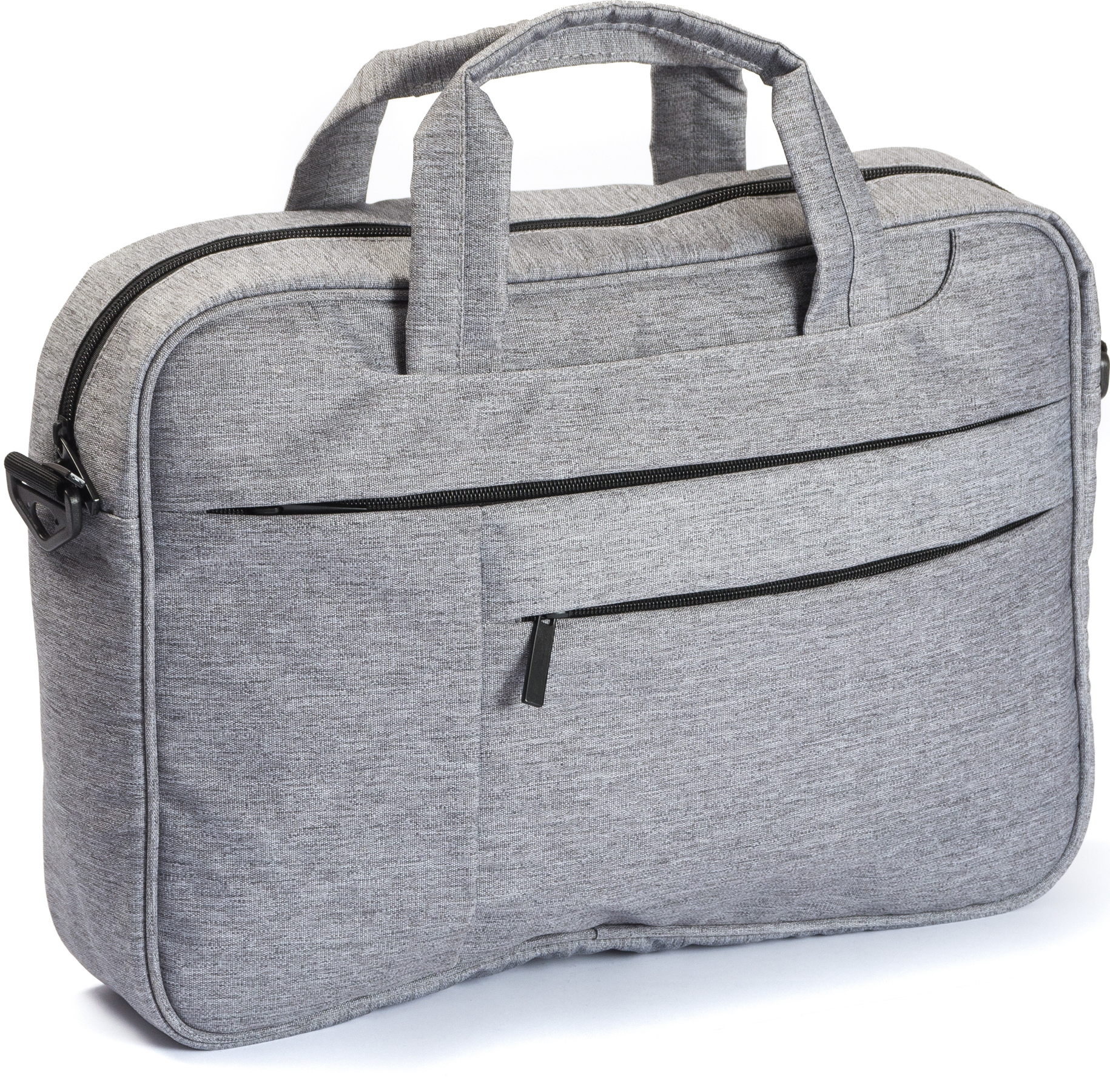 graue Laptop-Tasche mit zwei Griffen. Zwei Reißverschlusstaschen vorne. Schlichtes Design, rechteckige Form.