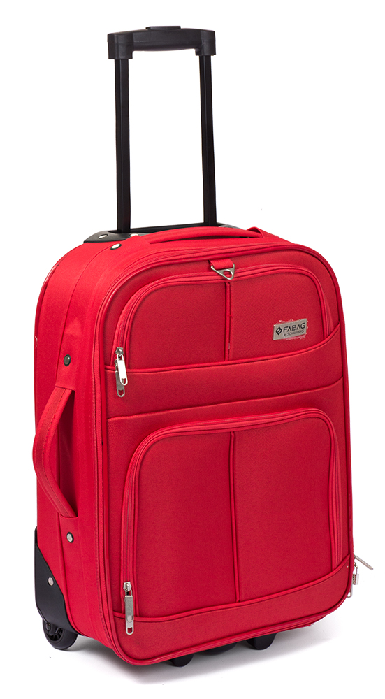roter Koffer mit zwei Rollen und ausziehbarem Griff. Zwei vordere Taschen. Gepolsterte Seiten.