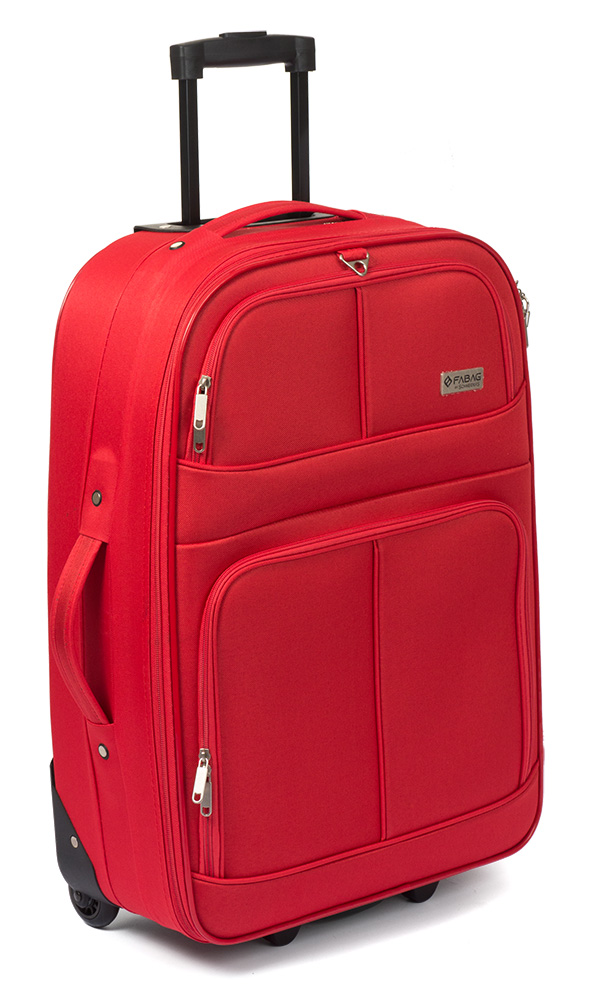Roter Koffer mit ausziehbarem Griff und Rollen. Zwei vordere Taschen für zusätzlichen Stauraum.