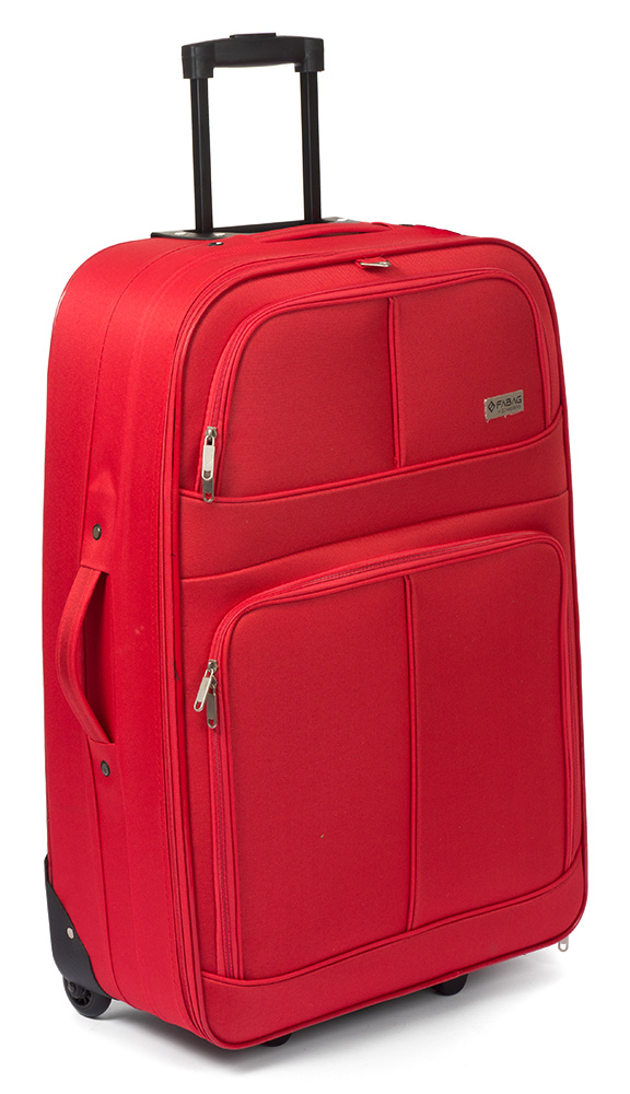 Roter Koffer mit Teleskopgriff und zwei Rollen. Zwei vordere Taschen für zusätzlichen Stauraum.