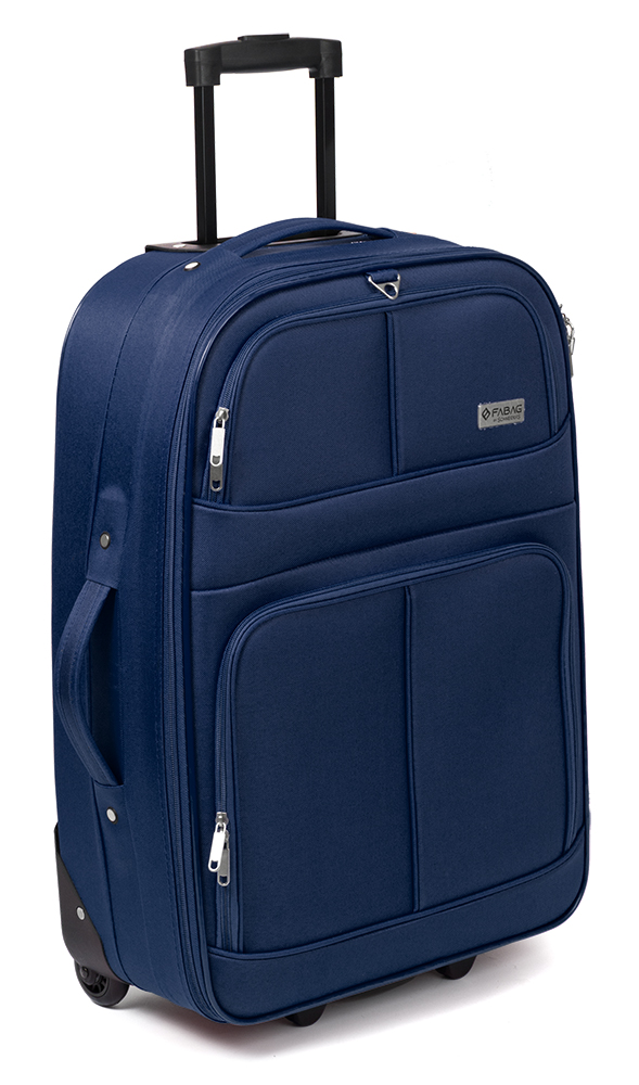 Dunkelblaue Reisetasche mit zwei Rollen und ausziehbarem Griff. Zwei vordere Fächer sind sichtbar.