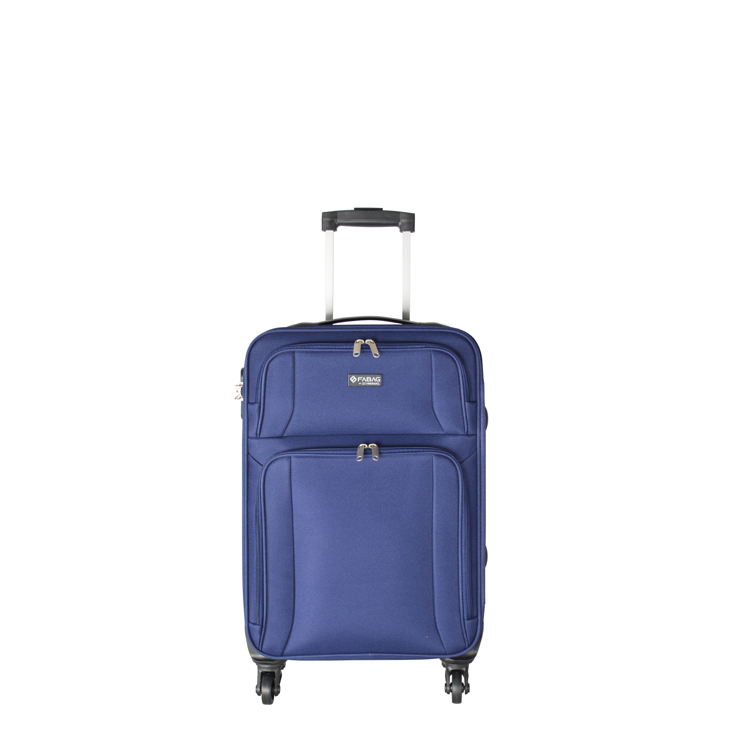 blauer Koffer mit zwei Rollen und ausziehbarem Griff. Zwei vordere Taschen sind sichtbar.