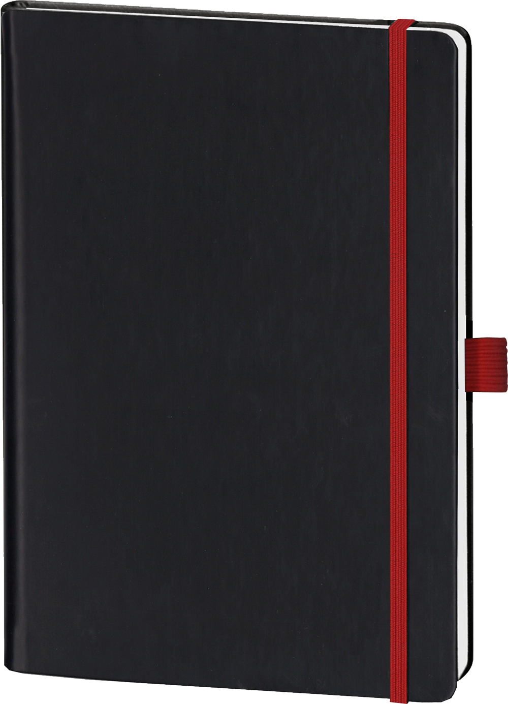 schwarzes Notizbuch mit rotem Gummiband. Glatte Oberfläche, rechteckige Form. Seiten sind weiß.