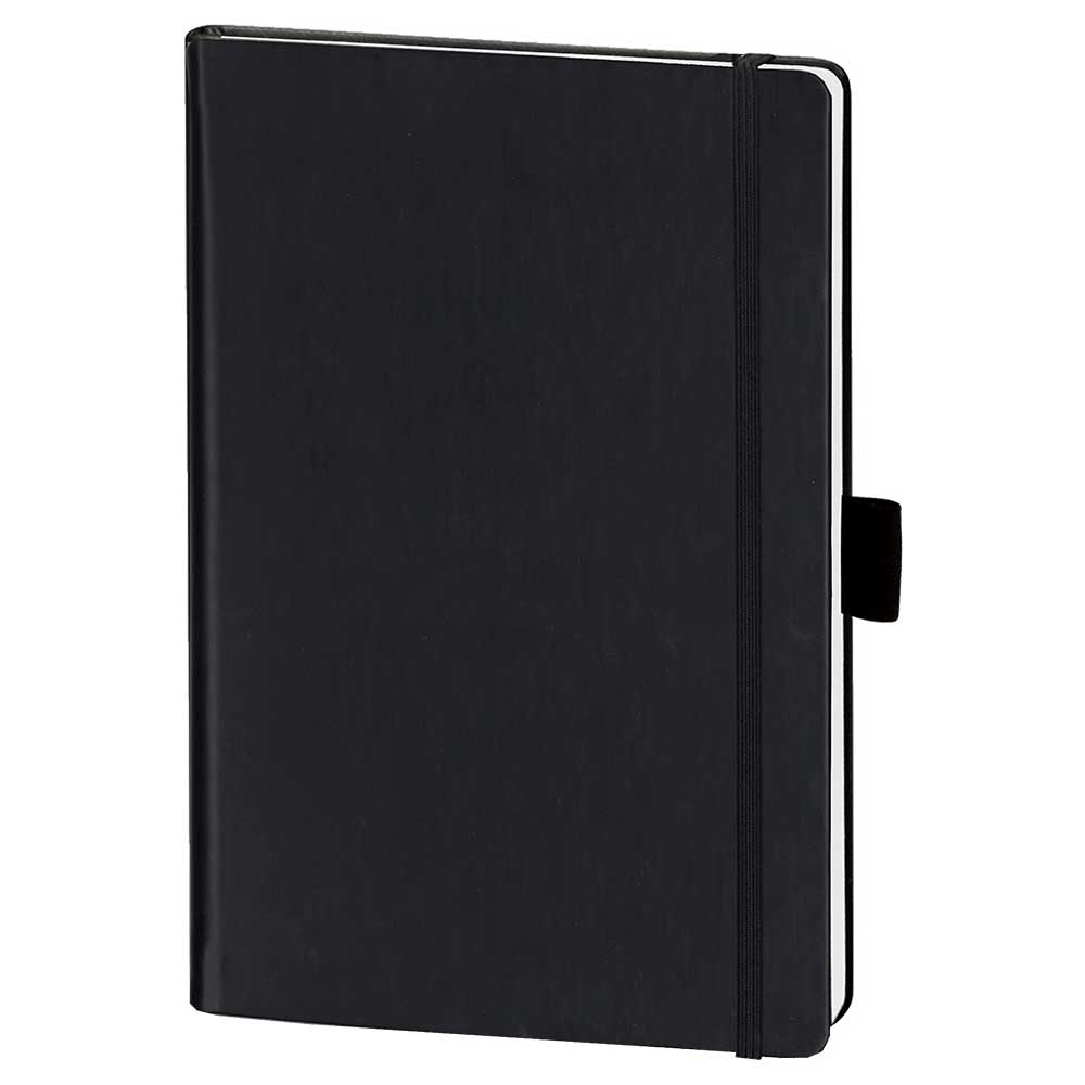 Schwarzes Notizbuch mit elastischem Verschluss. Glatte Oberfläche, rechteckige Form.