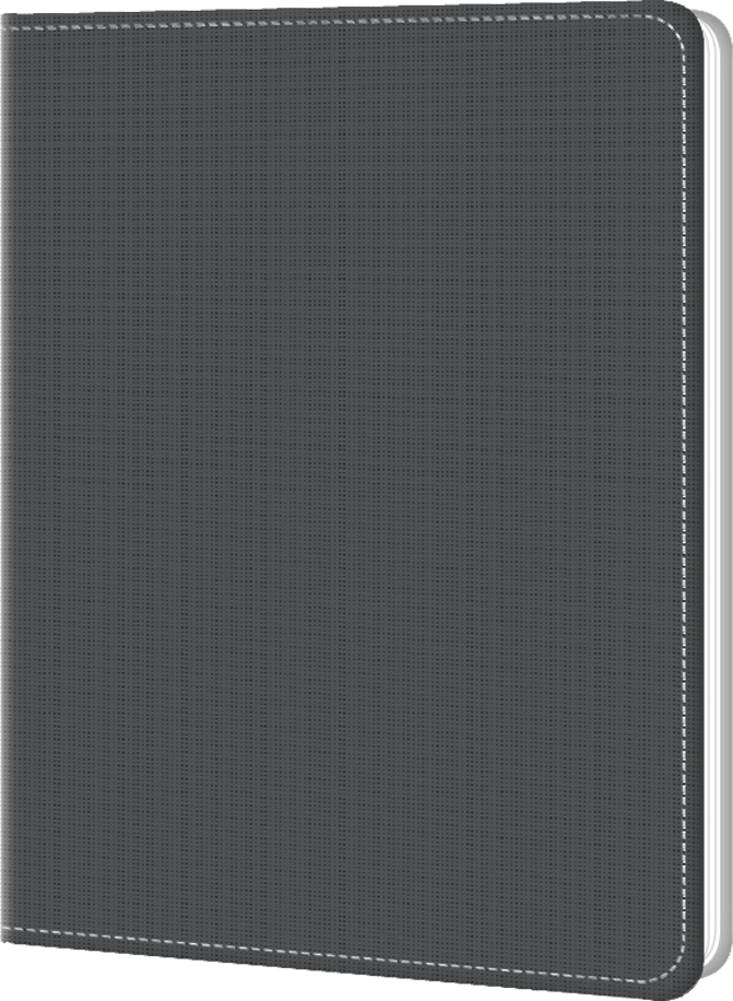 Graues Notizbuch mit strukturierter Oberfläche. Es hat einen weißen Rand und ist schlicht gestaltet.