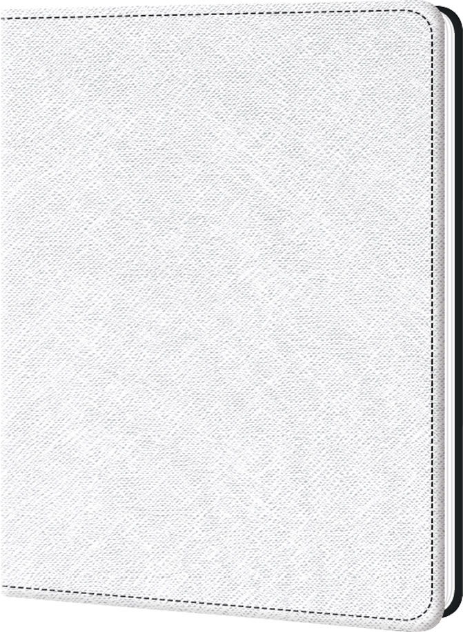 Weißes Notizbuch mit strukturiertem Cover. Es hat eine schwarze Kante und ist schlicht gehalten.