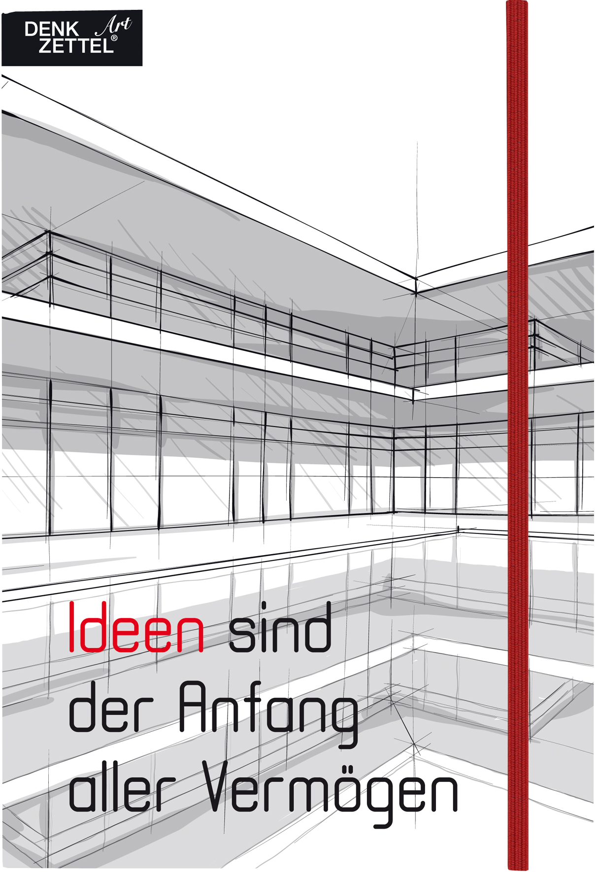 Cover eines Notizbuchs mit skizzenhaftem Architekturdesign. Titel: Ideen sind der Anfang aller Vermögen.