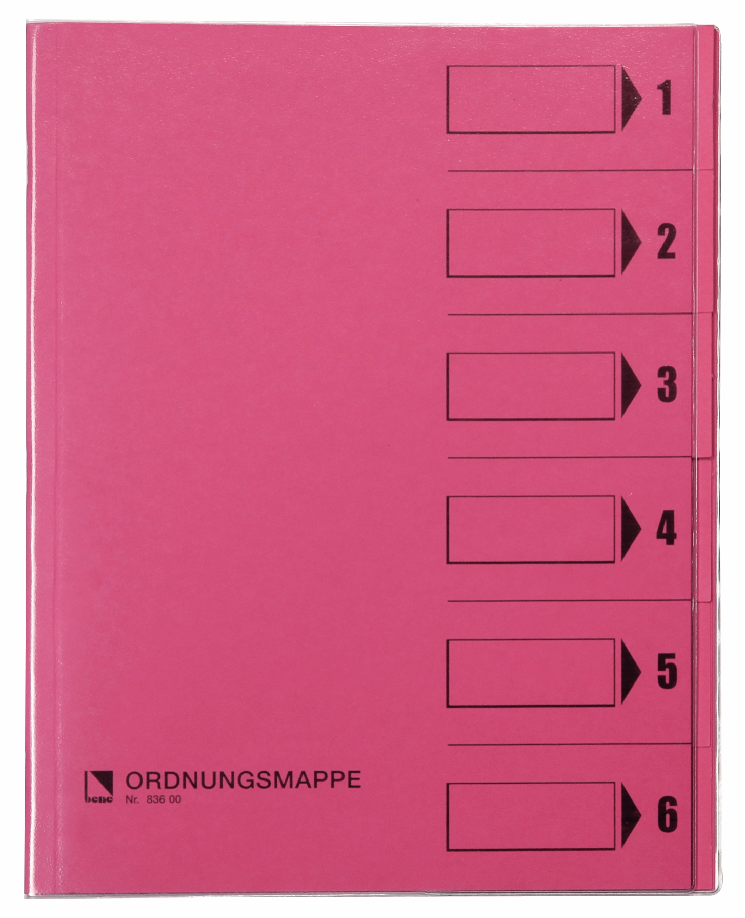 Pinkfarbene Ordnungsmappe mit sechs beschriftbaren Kästchen. Einfaches Design ohne Muster.