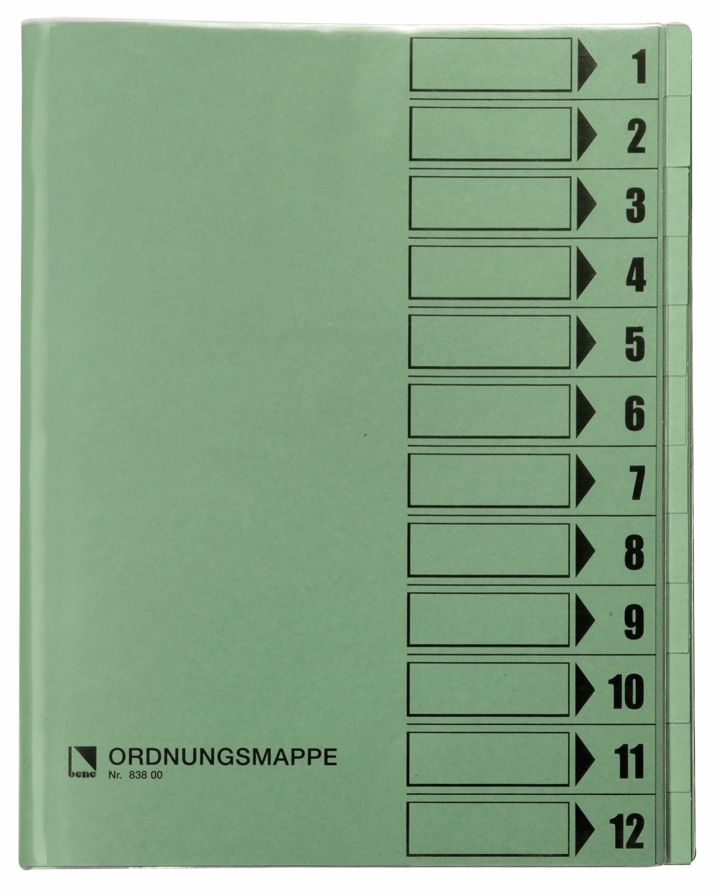 Grüne Ordnungsmappe mit 12 beschriftbaren Fächern. Auf der Vorderseite sind Pfeile und Zahlen von 1 bis 12.