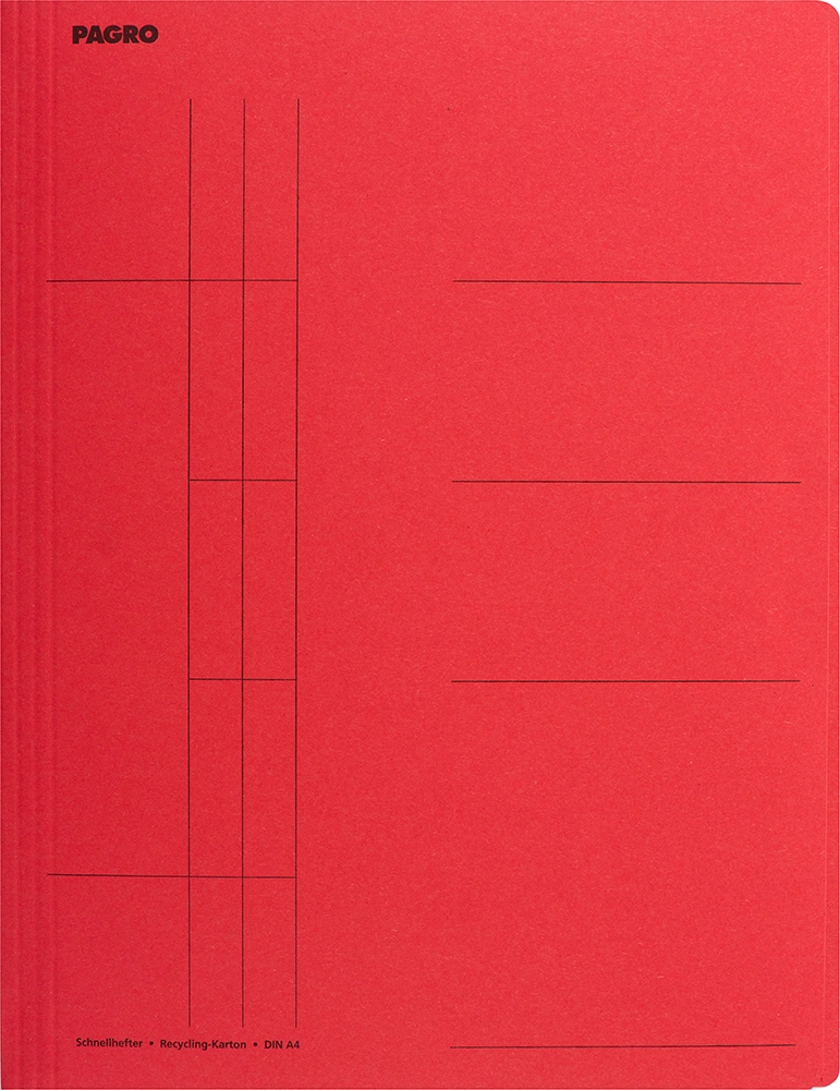 roter Schnellhefter aus Recycling-Karton. DIN A4 Format. Vorderseite mit Linien für Beschriftung.