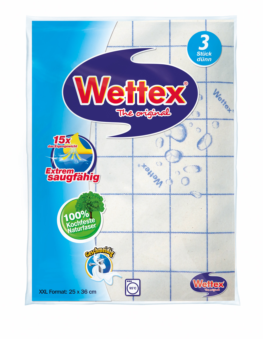 Verpackung von Wettex. Drei dünne, saugfähige Tücher. XXL Format 25 x 36 cm. 100% kochfeste Naturfaser. Waschbar bis 95°C.