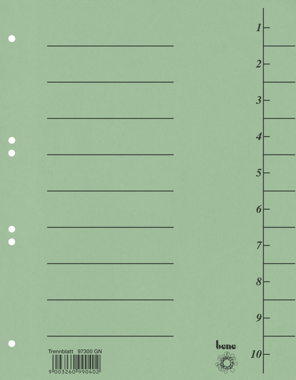 Grünes Trennblatt mit horizontalen Linien. Rechte Seite mit Zahlen von 1 bis 10.