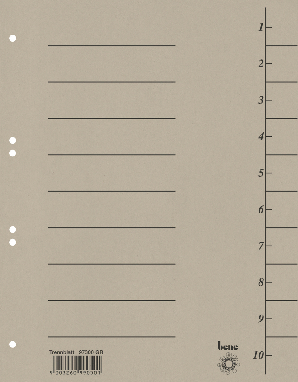 Trennblatt in beige mit horizontalen Linien. Rechts eine Skala von 1 bis 10. Drei Löcher für Ordner. Barcode unten.