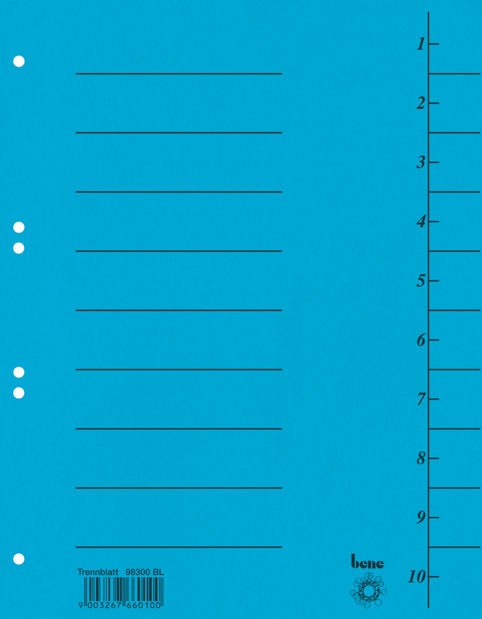 Blauer Trennblatt mit schwarzen Linien. Enthält mehrere horizontale Linien zum Beschriften. Auf der linken Seite drei Löcher zum Einheften.