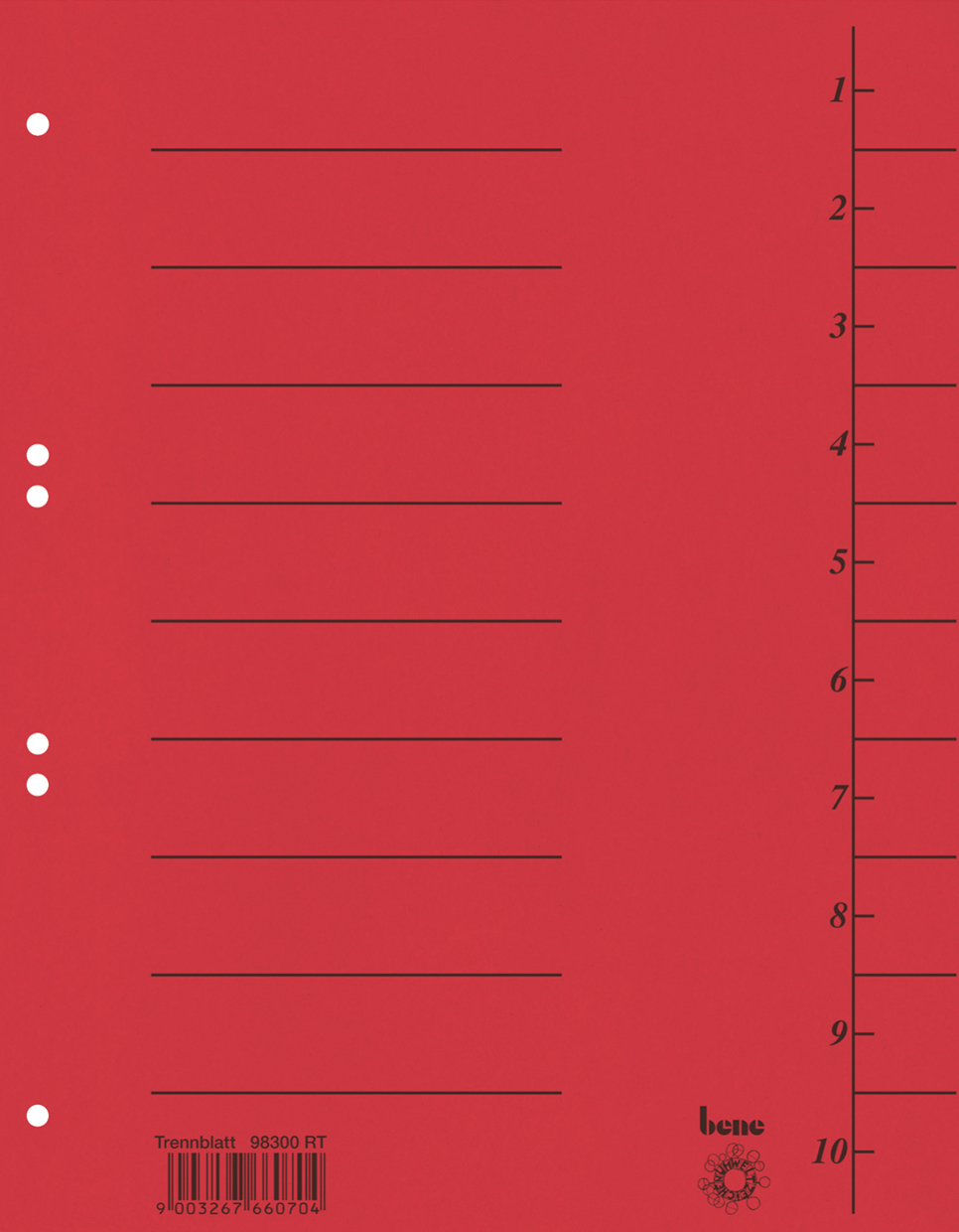Rotes Trennblatt mit schwarzen Linien. Links sind Löcher für einen Ordner. Rechts eine Skala von 1 bis 10.