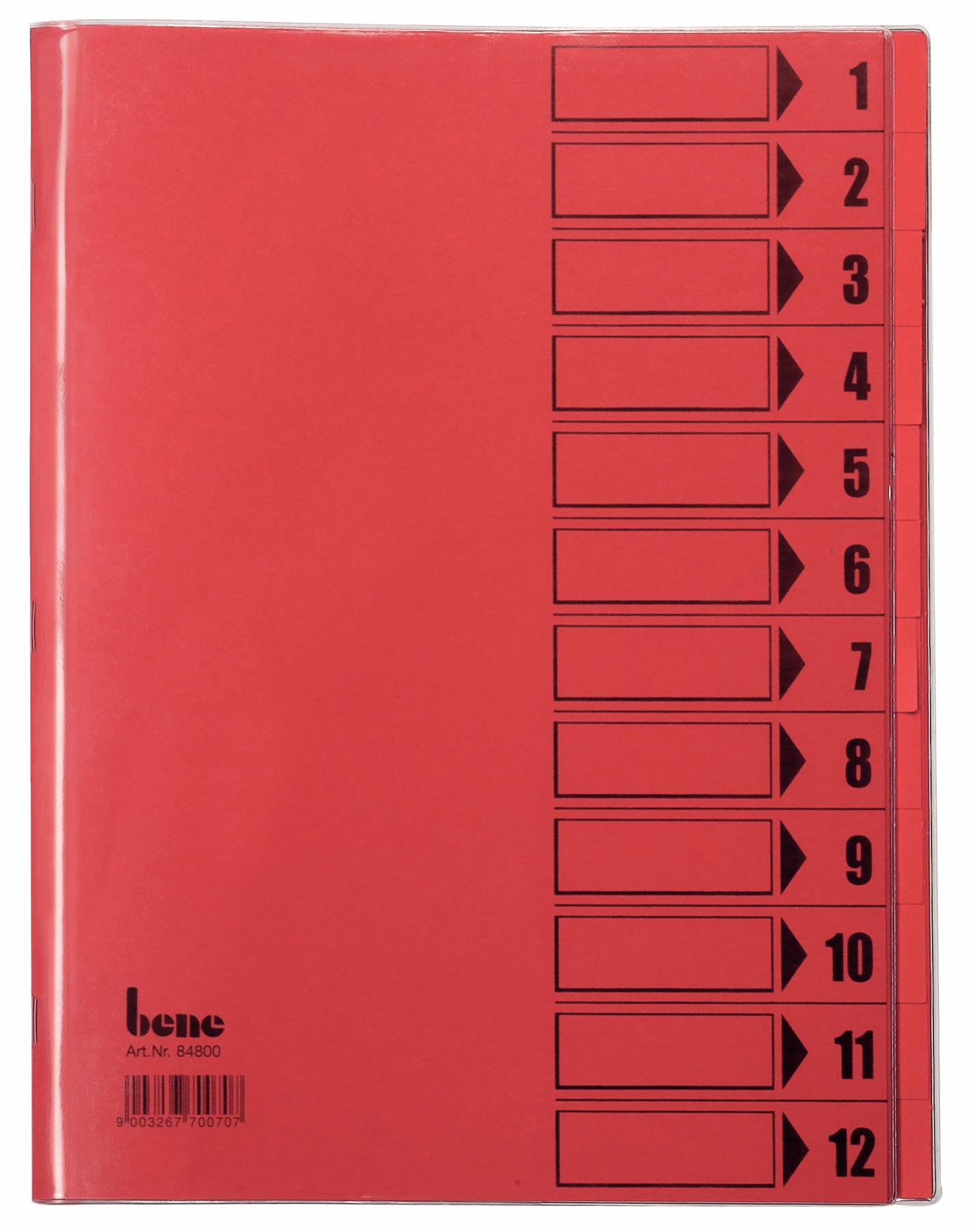 roter Ordner mit 12 Registerkarten. Jede Registerkarte nummeriert von 1 bis 12. Klare, schwarze Pfeile neben den Zahlen.