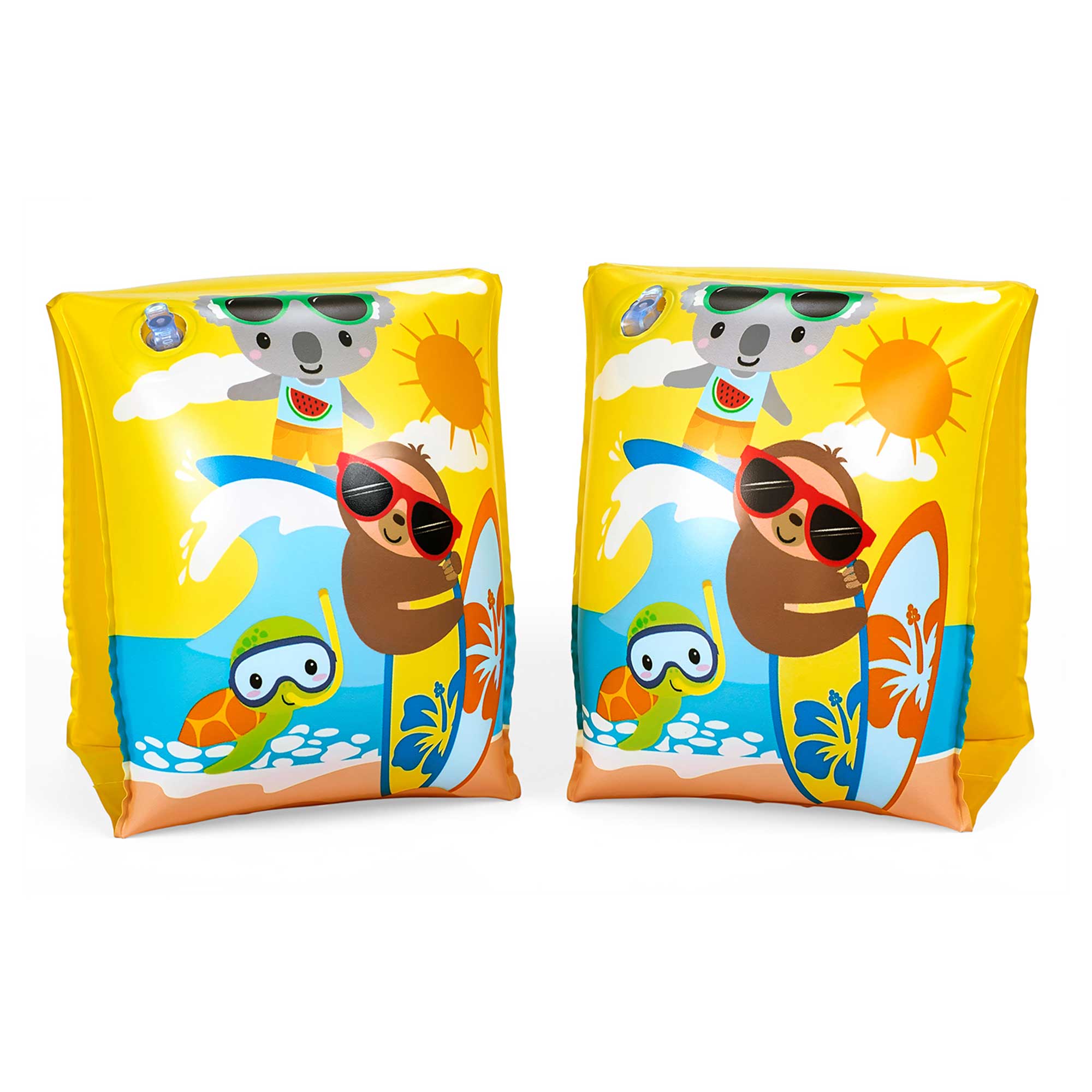 Bunte Schwimmflügel mit Tiermotiven. Gelber Hintergrund, Sonnen, Wellen. Koala und Faultier mit Sonnenbrillen. Für Kinder.