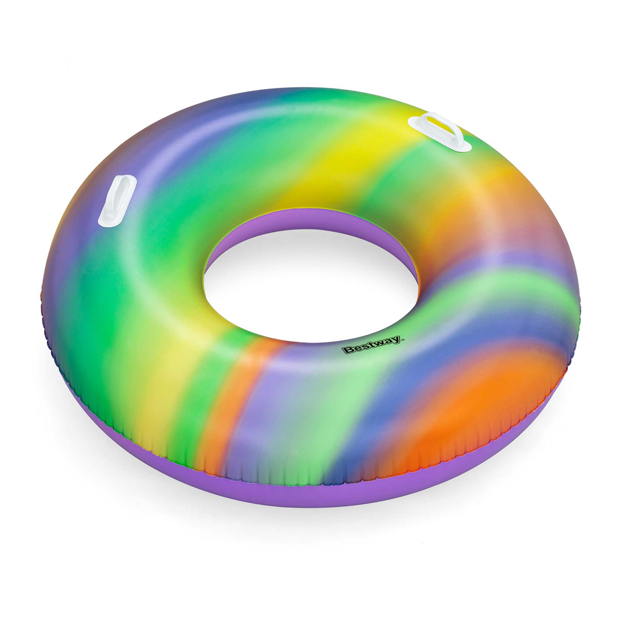 Bunte Schwimmreifen in Regenbogenfarben. Rund mit einem großen Loch in der Mitte. Zwei Griffe an den Seiten.