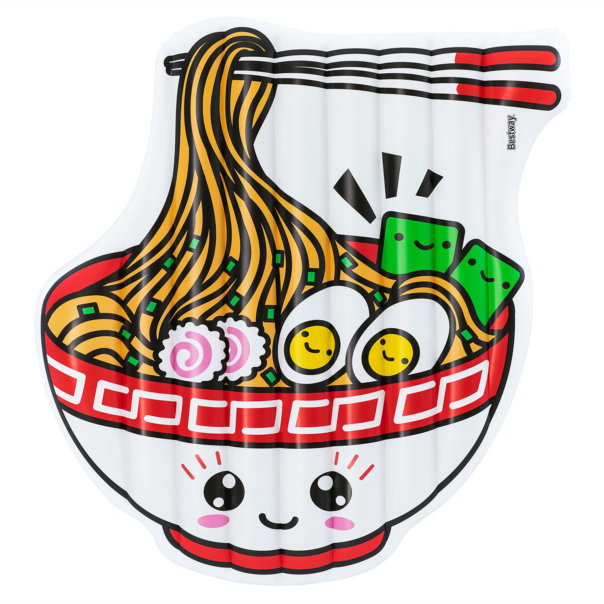 Bunte Luftmatratze in Form einer Ramen-Schüssel. Enthält Nudeln, Eier und andere Zutaten mit einem lächelnden Gesicht.