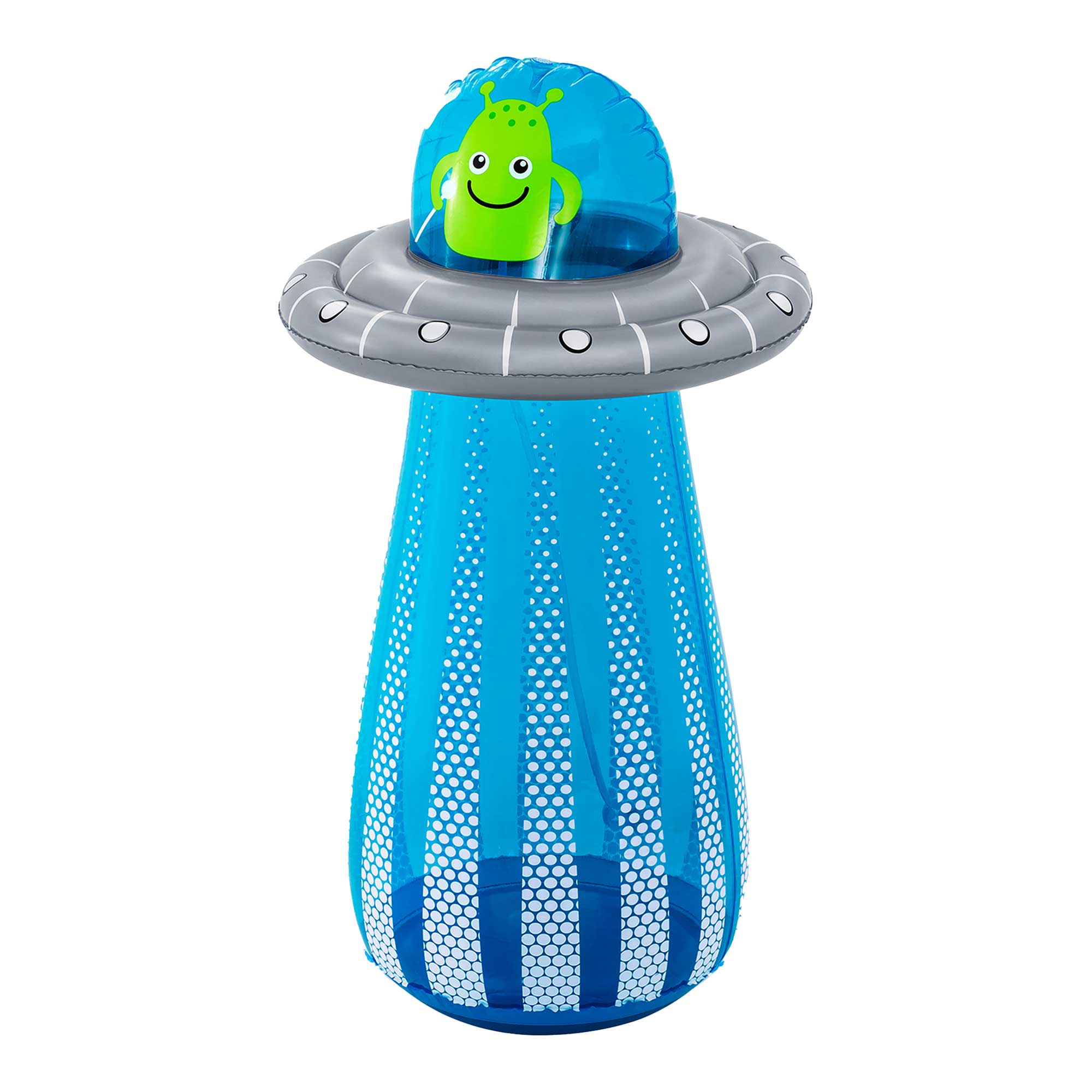 Aufblasbares Spielzeug in Form eines UFOs. Blau mit einem lächelnden grünen Alien oben.