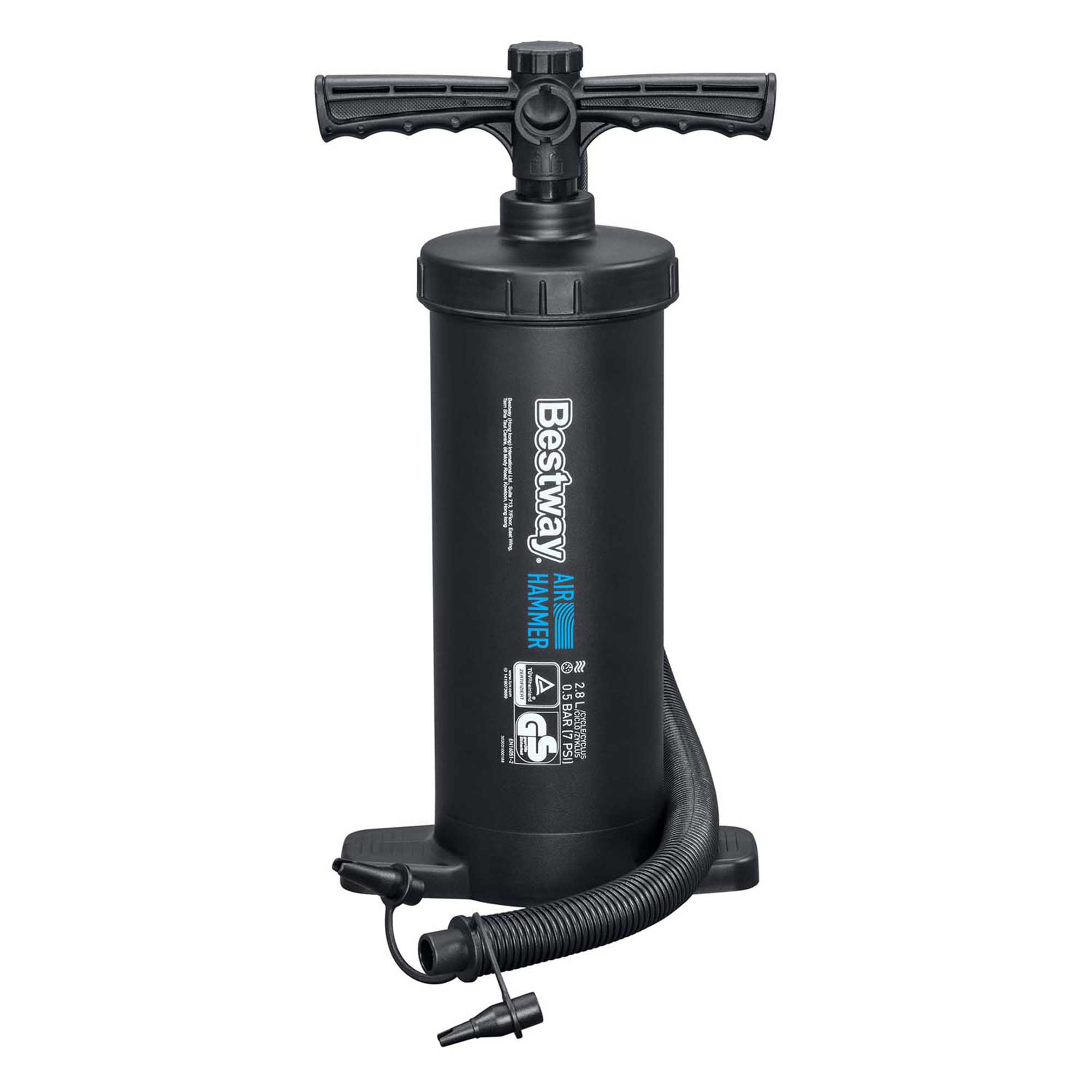 Schwarze Handpumpe mit einem Griff oben. Schlauch und Adapter für das Aufpumpen von Gegenständen.